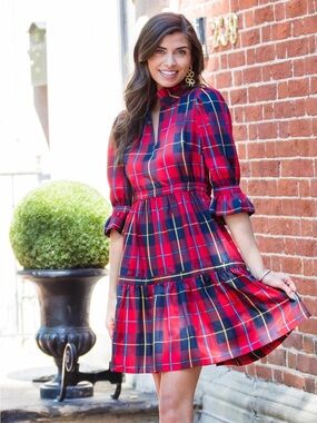 Gretchen Scott Teardrop Plaid Tiered Fit-and-Flare Mini Dress